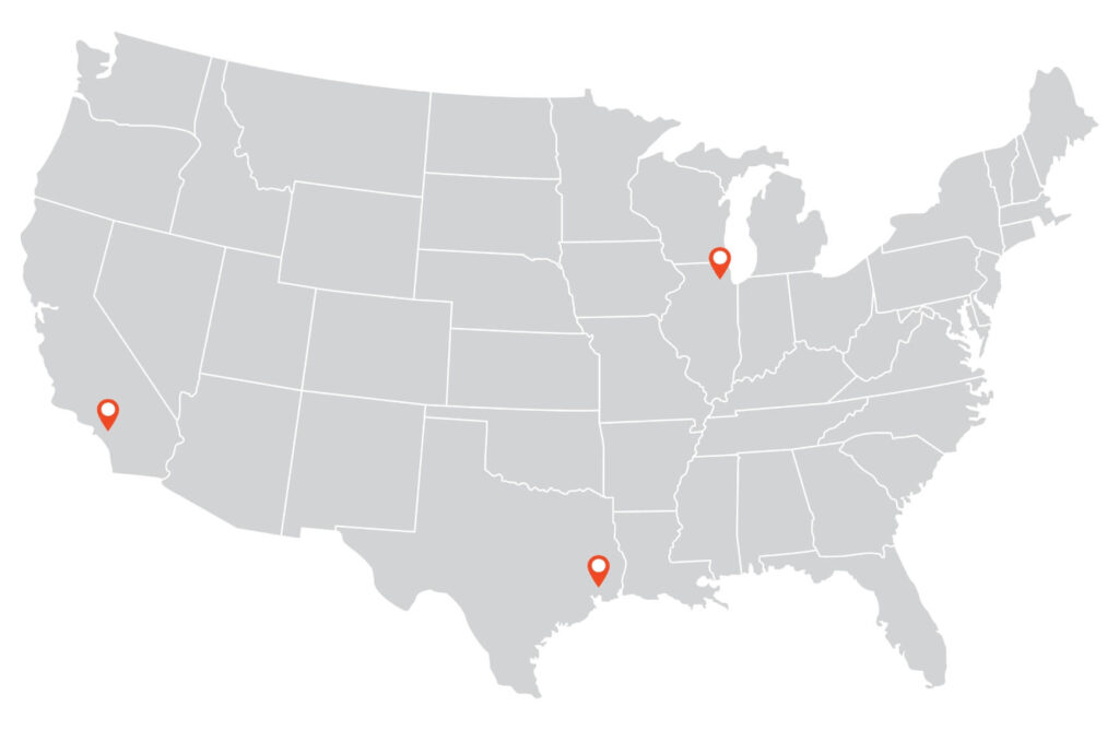 map of the United States with 3 map markers